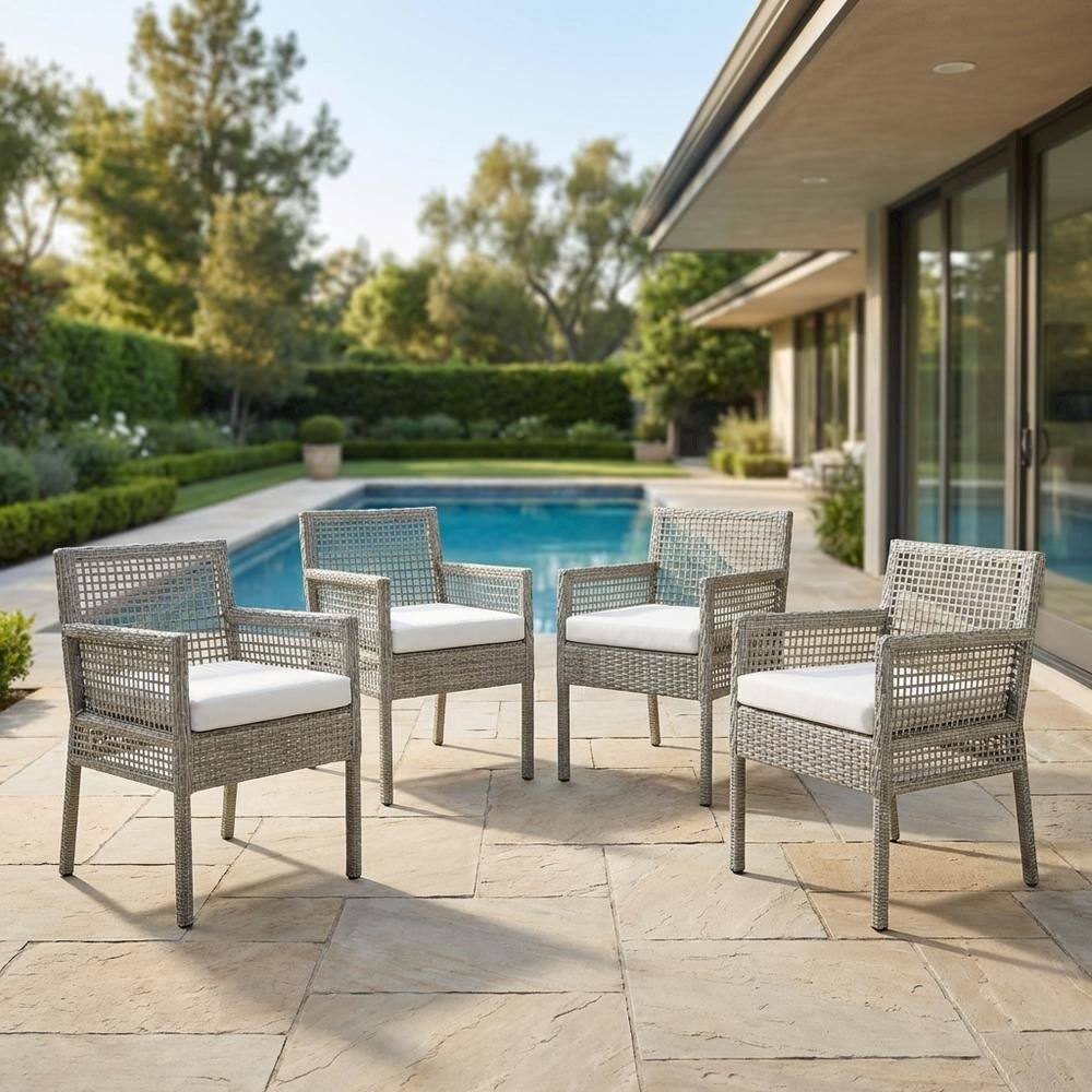 Left. Outdoor Escape - Set Of 4 Outdoor Wicker Rattan Dining Armchairs For Patio - Gray White.