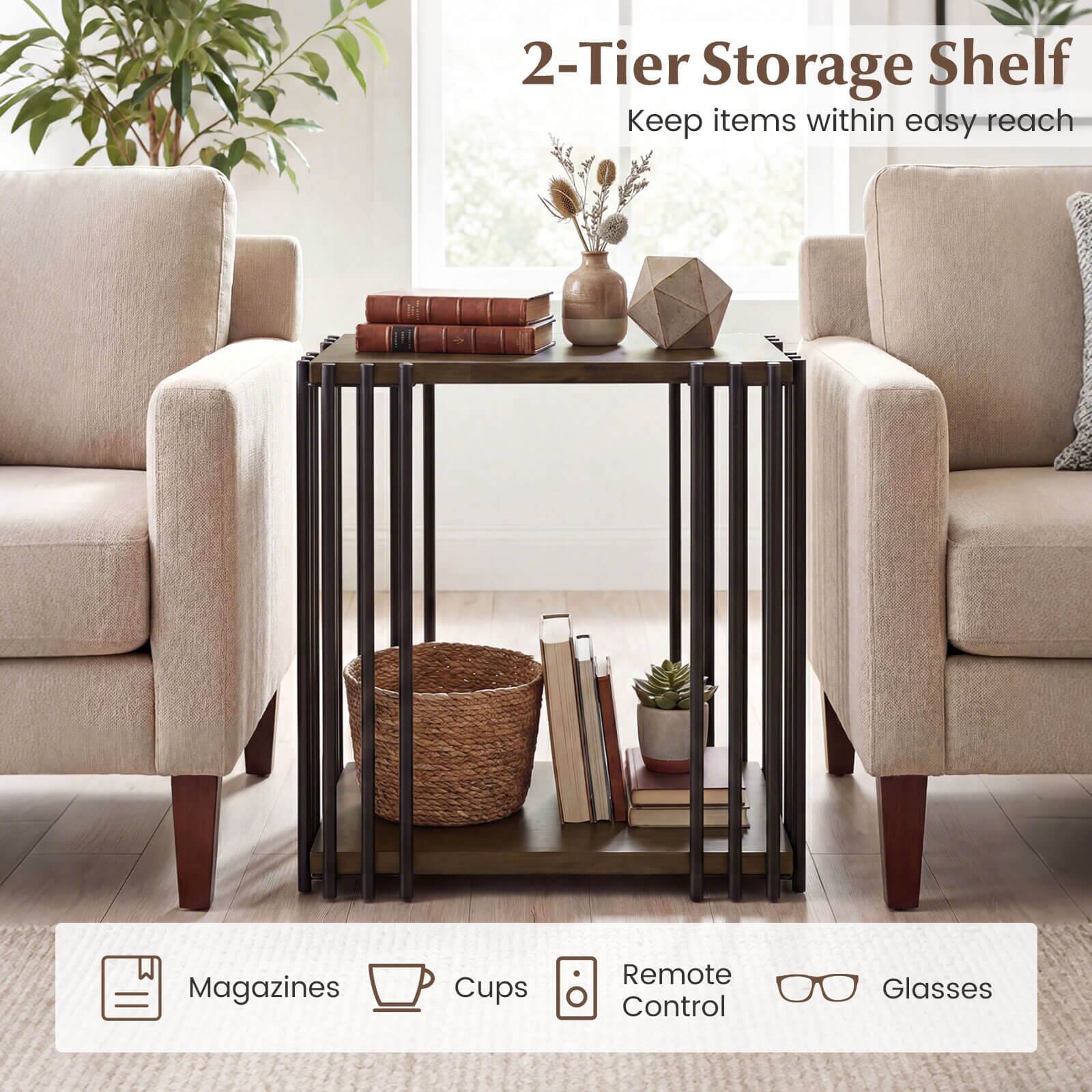 2-Tier Storage Shelf  
Keep items within easy reach  

- Magazines  
- Cups  
- Remote Control  
- Glasses