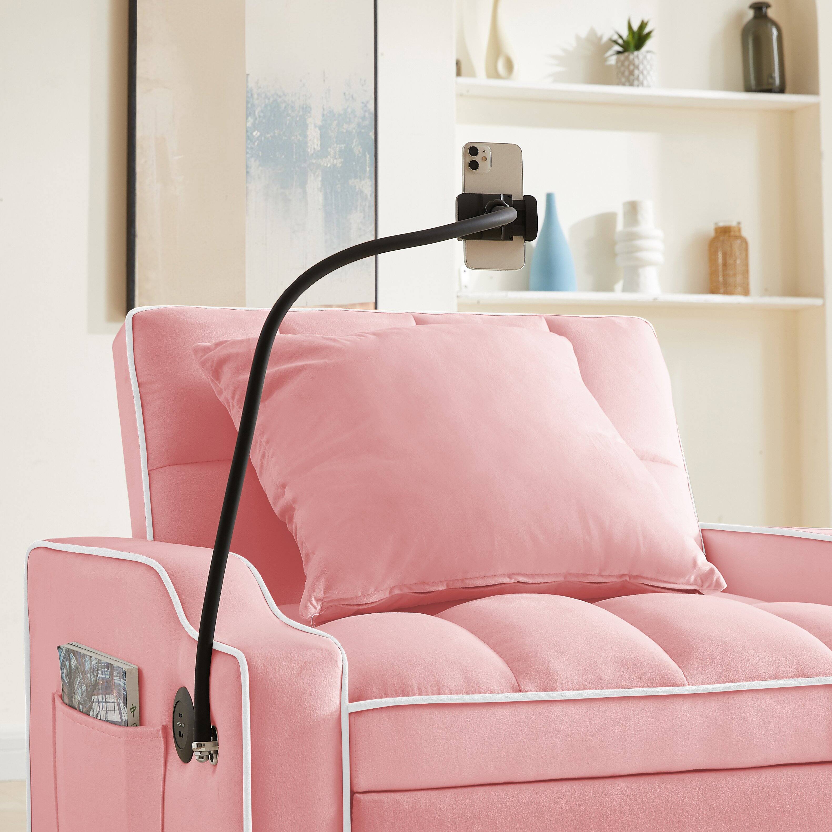 Back. MERAVOM - Convertible Sofa Chair Bed, 3-in-1 Velvet Pull Out Chair, Sleeper Chair Bed With Adjustable Backrest for Living Room - Pink.