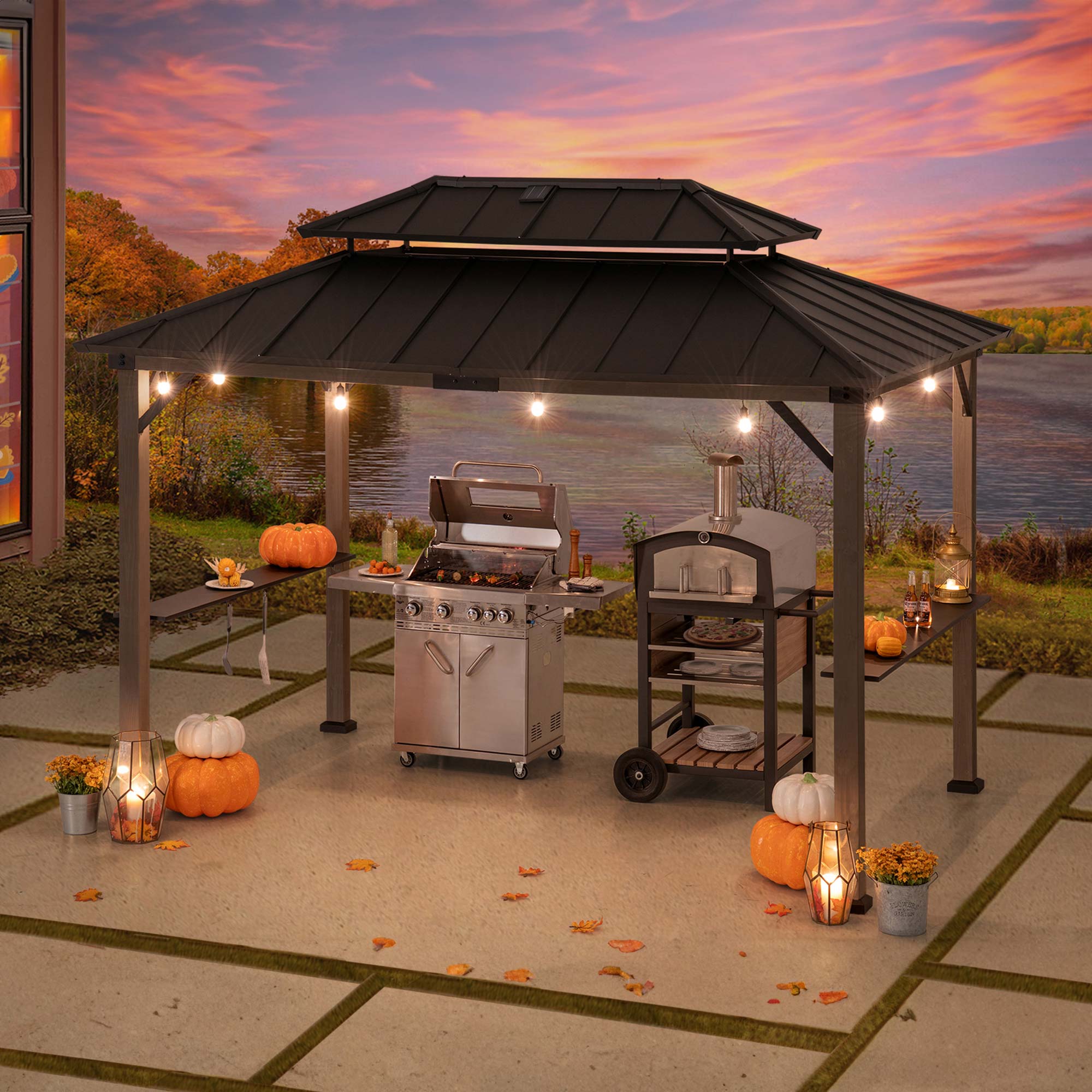 Alt View 6. SUNJOY - Sunjoy 8ft. x 12 ft. Churchill Cedar Framed Grill Gazebo with  DC Solar Power Black - Churchill Cedar+DC Solar Power+Black.