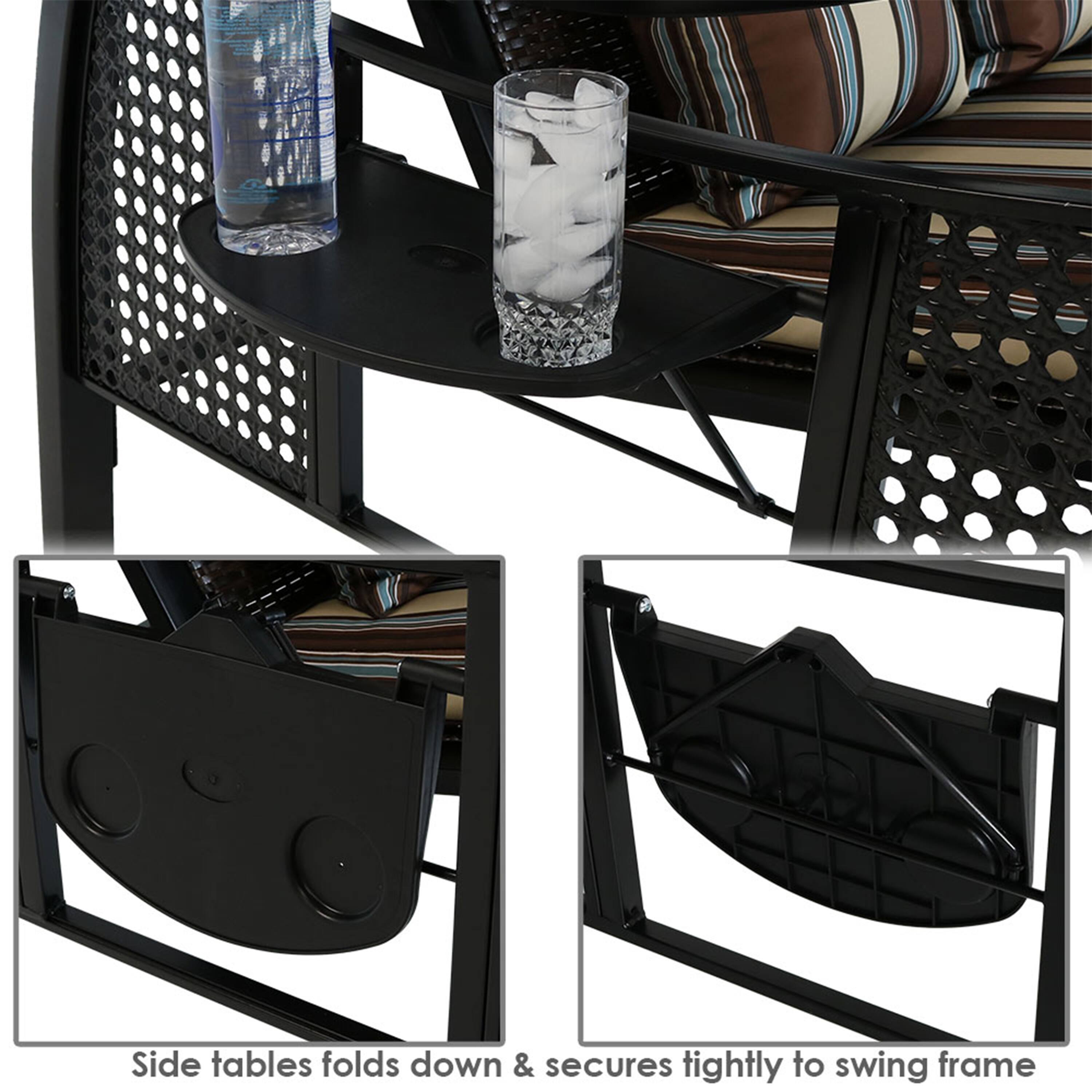 Side tables folds down & secures tightly to swing frame