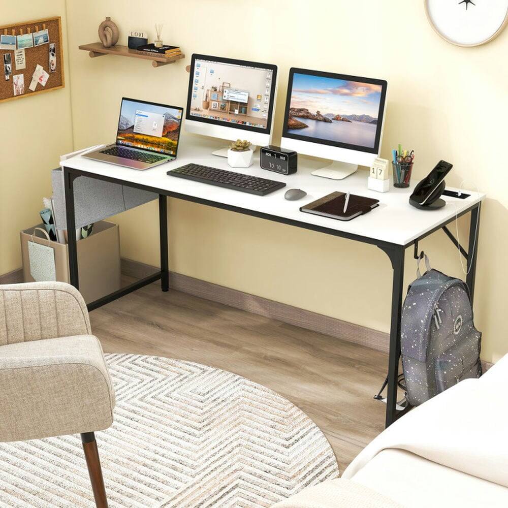 Left. Pefilos - 60 Inch Computer Desk with Charging Station Storage Bag-White, Office Desk, Gaming Computer Desks for Study, Working - White.