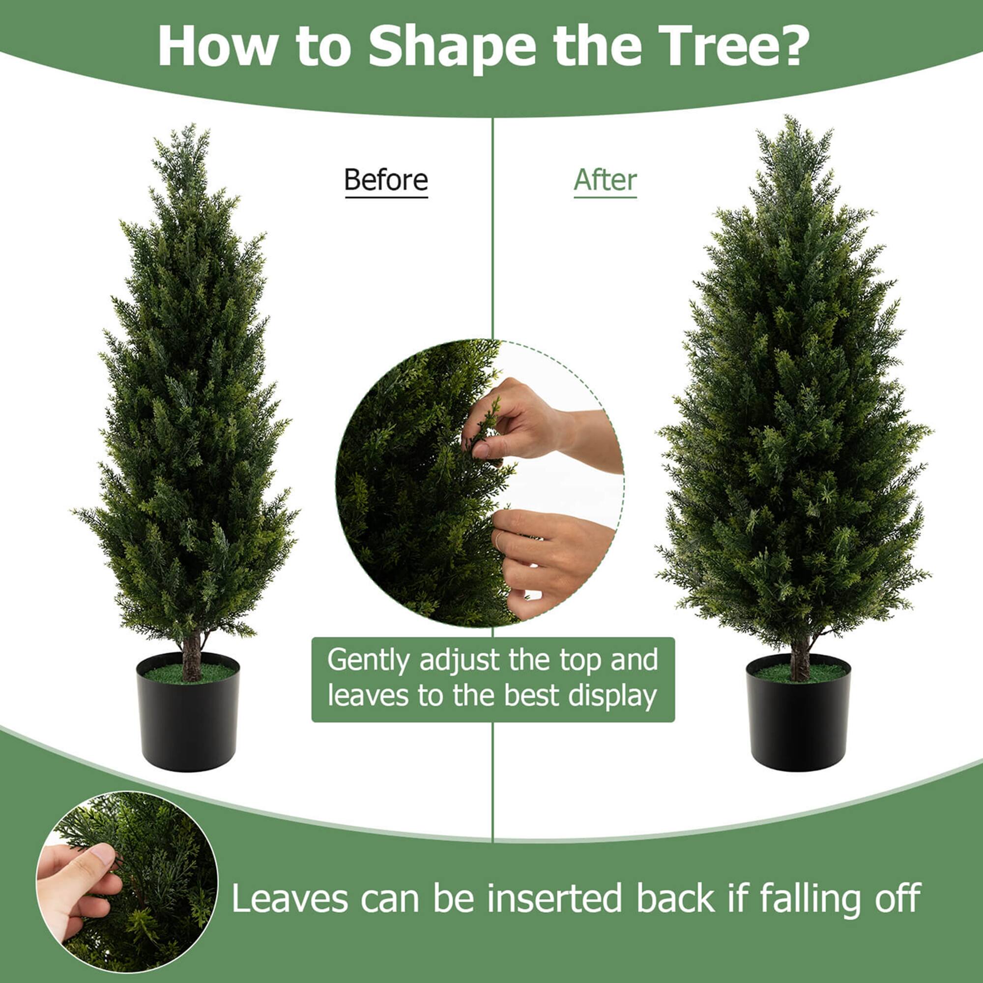 How to Shape the Tree?

Before After

Gently adjust the top and leaves to the best display

Leaves can be inserted back if falling off