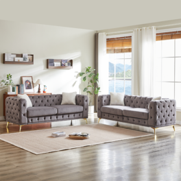 Trinkets Crazed - Chesterfield Sofa Set Of 2 For Living Room,Modern 3-Seater Sofa Couch With Button Tufted,Upholstered Deep Seat Couch - Gray