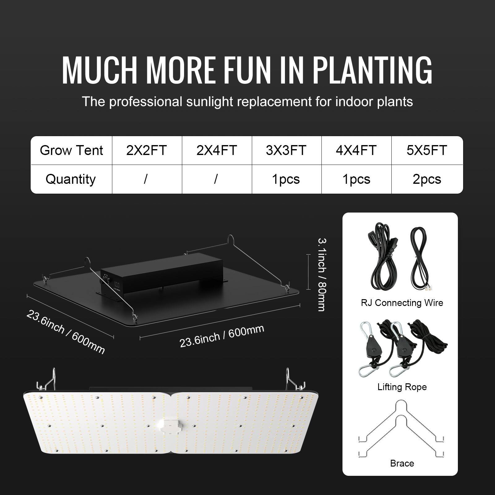 MUCH MORE FUN IN PLANTING  
The professional sunlight replacement for indoor plants

Grow Tent  
2X2FT  
2X4FT  
3X3FT  
4X4FT  
5X5FT  
Quantity  
/  
/  
1pcs  
1pcs  
2pcs  

23.6inch / 600mm  
3.1inch / 80mm  

RJ Connecting Wire  
Lifting Rope  
Brace
