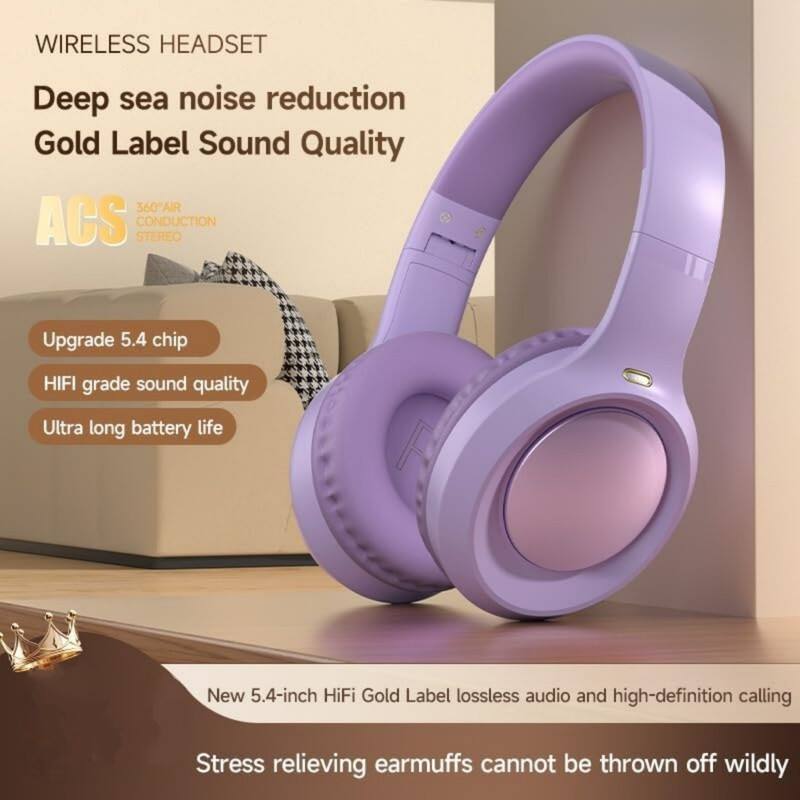 WIRELESS HEADSET  
Deep sea noise reduction  
Gold Label Sound Quality  

ACS  
360° AIR CONDUCTION STEREO  

Upgrade 5.4 chip  
HIFI grade sound quality  
Ultra long battery life  

New 5.4-inch HiFi Gold Label lossless audio and high-definition calling  
Stress relieving earmuffs cannot be thrown off wildly