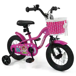 Costway - 12" Kids Bike with Training Wheels, Basket, Hand & Coaster Brakes, Adjustable Seat - Rosy