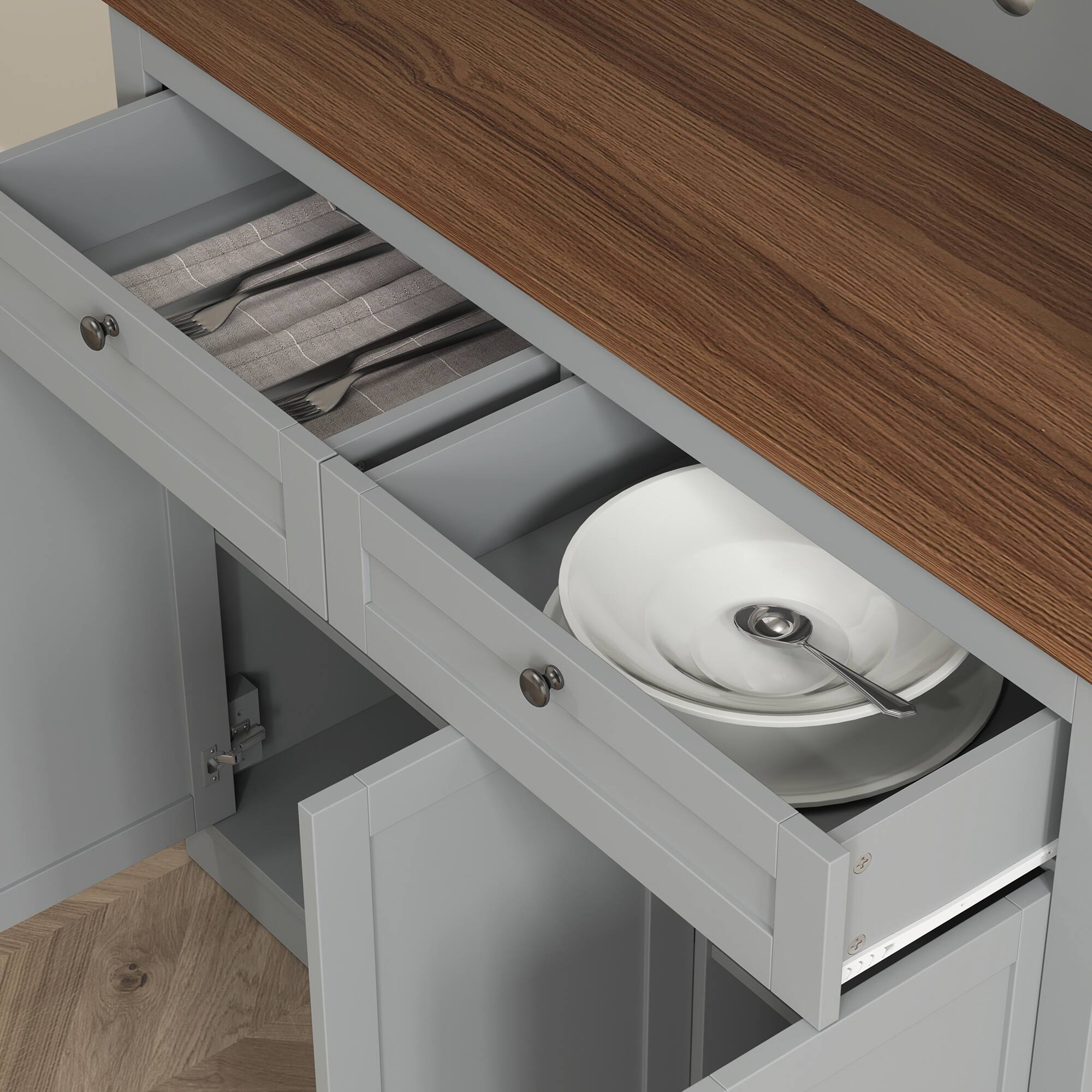 Alt View 7. Homcom - 71" Kitchen Pantry Cabinet, Freestanding Kitchen Hutch with Microwave Stand, 2 Drawers and Adjustable Shelves - Grey.