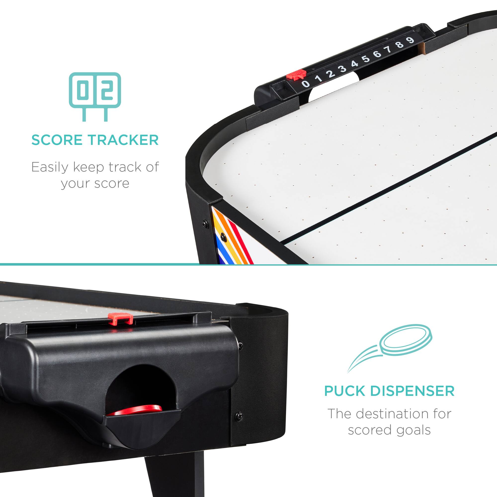 02 SCORE TRACKER  
Easily keep track of your score  

0123456789  

PUCK DISPENSER  
The destination for scored goals