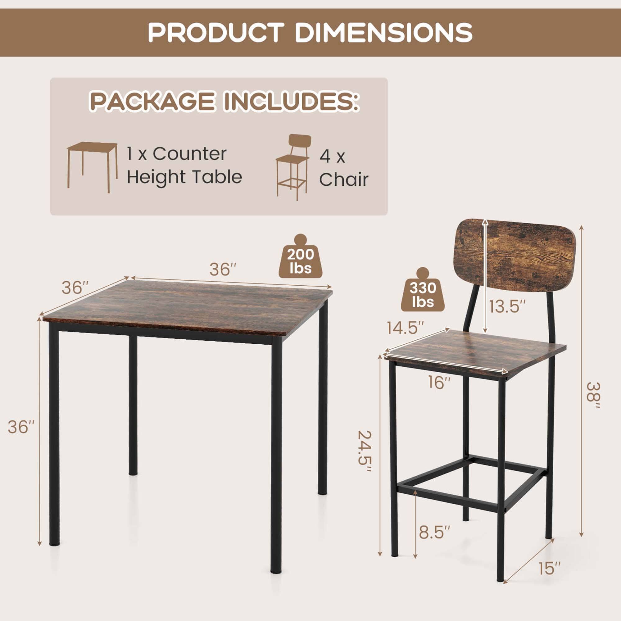 Product Dimensions:

* Counter Height Table: 36" x 36" x 200 lbs
* Chair: 330 lbs, 14.5" x 13.5" x 36" x 24.5" x 16"

Package Includes:

* 1 Counter Height Table
* 4 Chairs