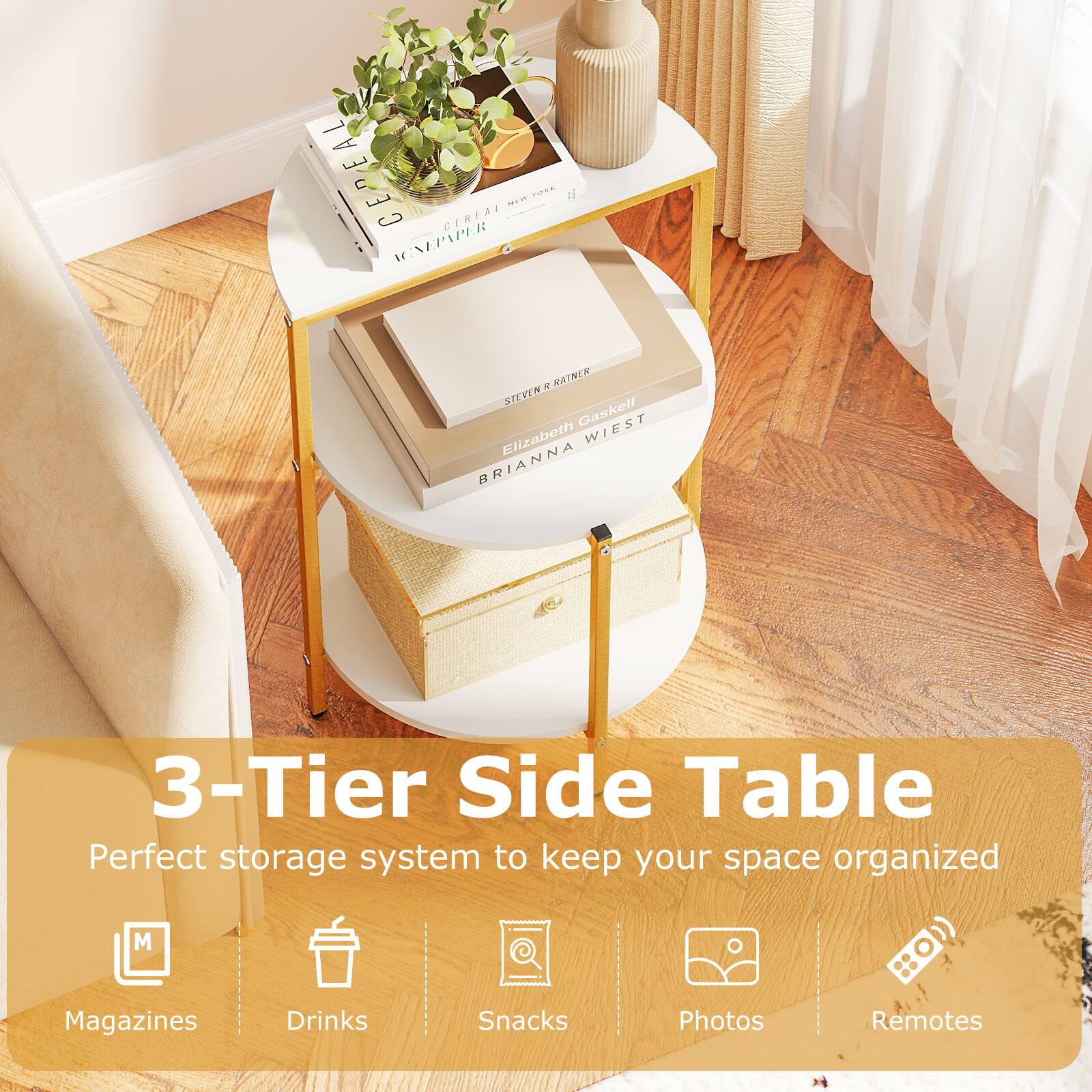 CEREAL CEREAL ... ...  SEPAPER A RAINER SIWN Gaskell WIEST Elizabeth BRIANNA

3-Tier Side Table
Perfect storage system to keep your space organized
- Magazines
- Drinks
- Snacks
- Photos
- Remotes