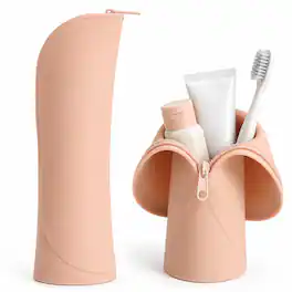 Mber - Soft Silicone Toiletry Pouch Bag, Portable Stand-Up Toiletry Travel Case, Makeup Brush Holder - Khaki