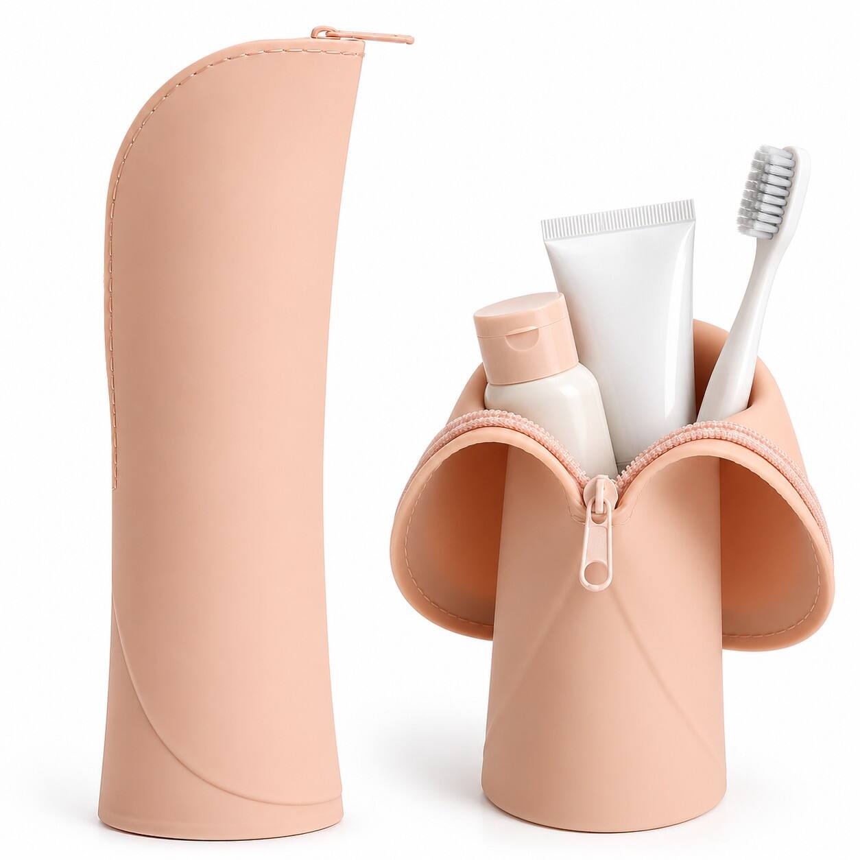 Front. Mber - Soft Silicone Toiletry Pouch Bag, Portable Stand-Up Toiletry Travel Case, Makeup Brush Holder, Khaki - Khaki.