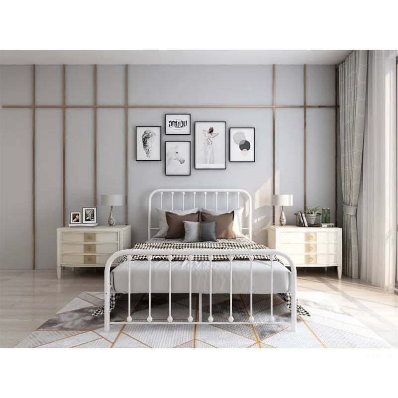 Angle. Hivvago - Full size Classic White Metal Bed Frame with Slatted Headboard and Footboard - White.