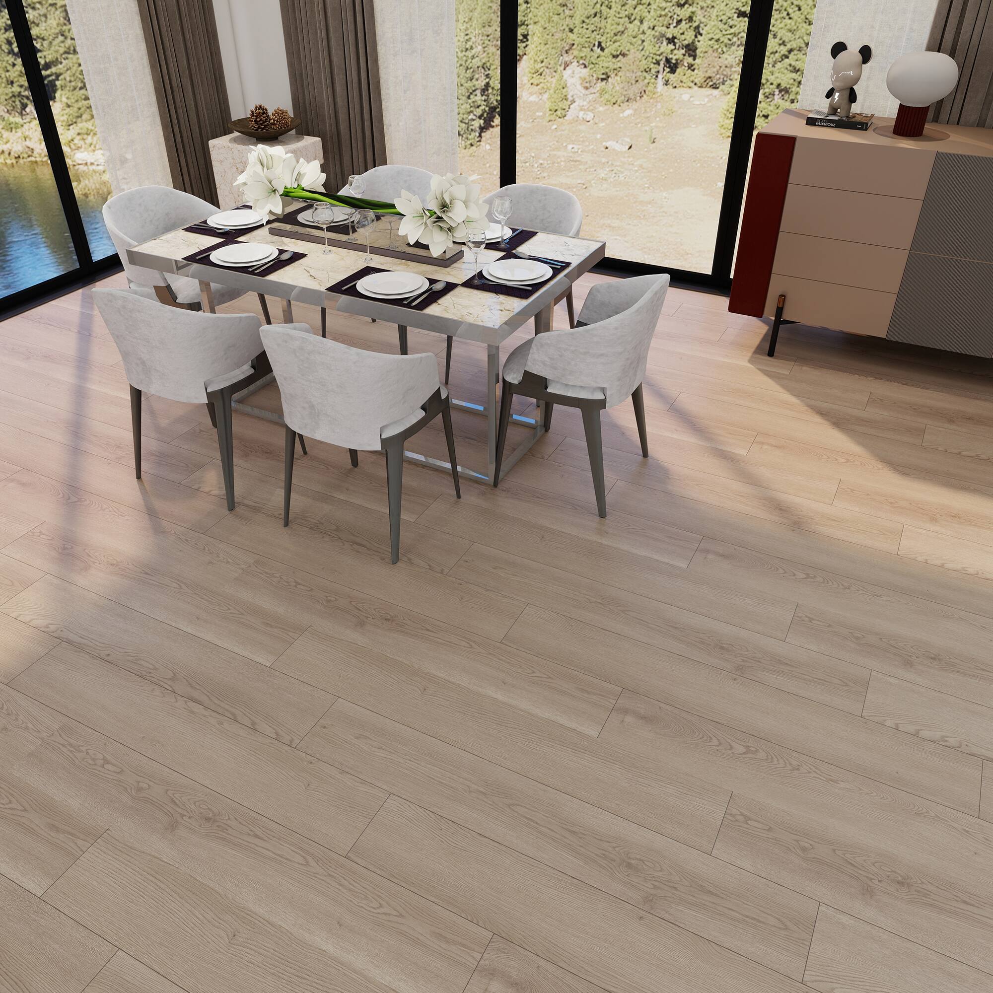 Left. Dotfloor - Superoak SEKET Laminate Flooring - 48"x7.7" Planks, 8 Planks/Box (20.56 sq ft/Box), 12mm Thick, AC4 Wear Rating - Clean Brushed.