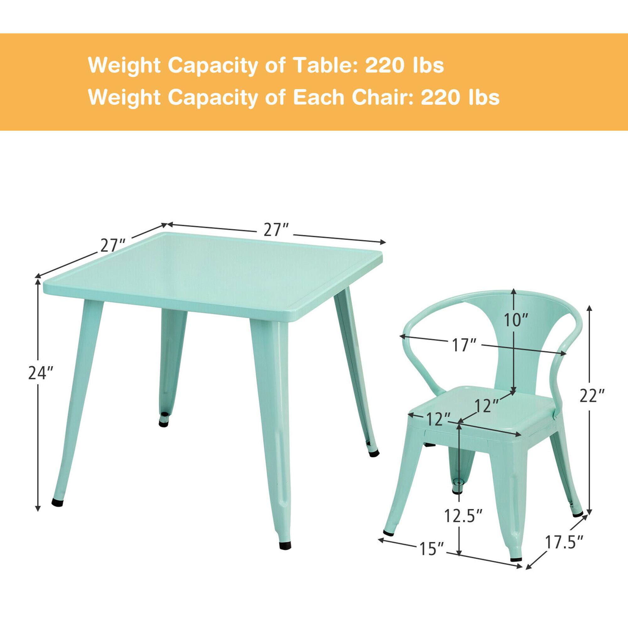Weight Capacity of Table: 220 lbs  
Weight Capacity of Each Chair: 220 lbs  

Table Dimensions:  
- Length: 27"  
- Width: 27"  
- Height: 24"  

Chair Dimensions:  
- Seat Height: 17"  
- Seat Depth: 12"  
- Seat Width: 12"  
- Overall Height: 22"  
- Armrest Height: 10"  
- Back Height: 12.5"  
- Width: 17.5"  
- Depth: 15"
