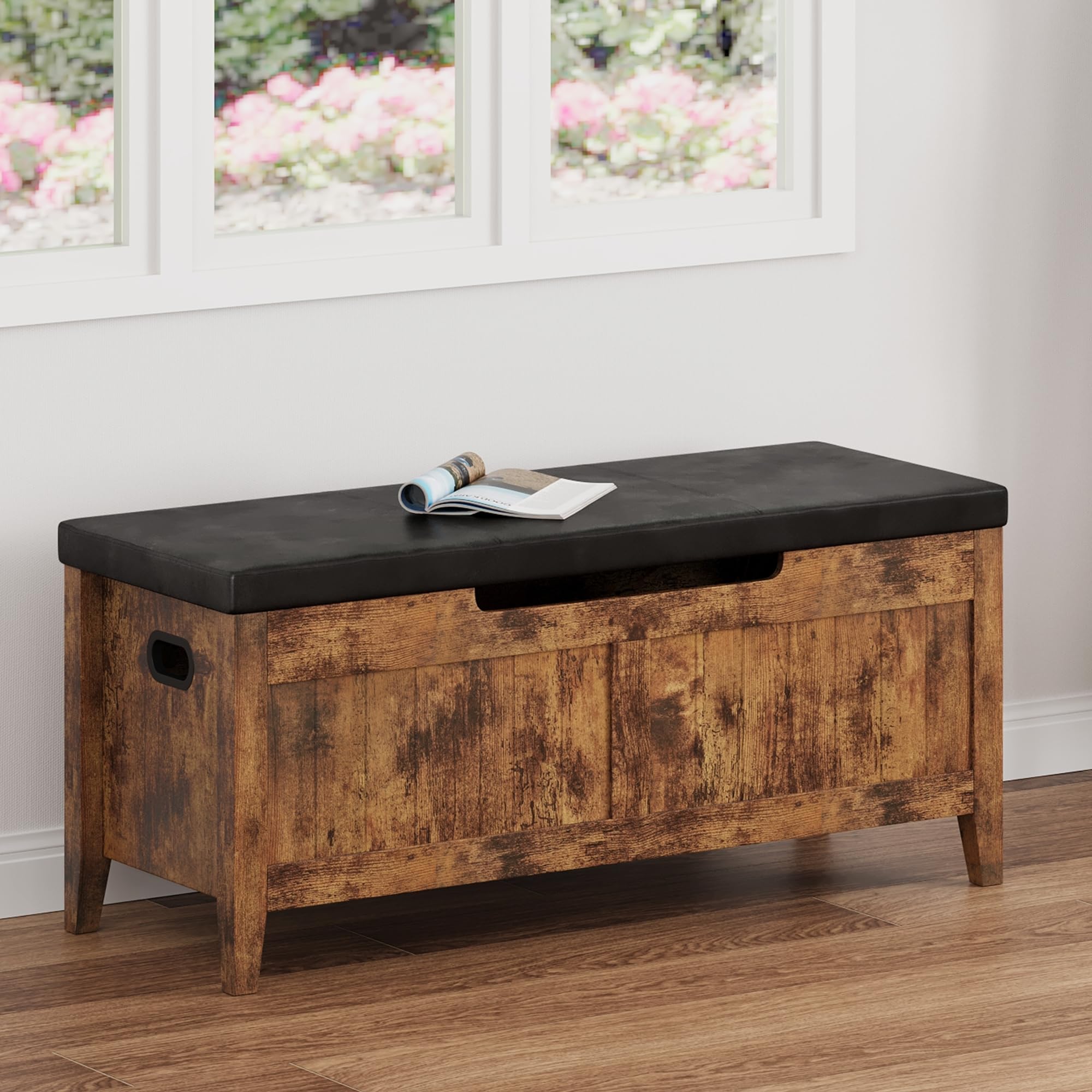 Alt View 4. Jojoka - Upholstered Storage Bench with Cushion Seat, Wooden Storage Chest Trunk with 2 Safety Hinges, Organizer - Brown.