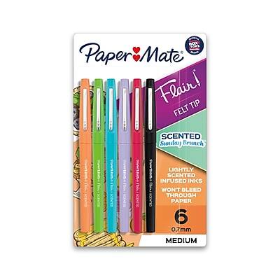 Paper Mate Flair!  
Felt Tip  
Scented  
Sunday Brunch  
Lightly Infused Inks Won't Bleed Through Paper  
0.7mm Medium  
6 Pens