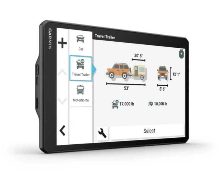 GARMIN

Travel Trailer

Car
Travel Trailer
Motorhome

30' 6"
53"
12' 1"
8' 6"

17,000 lb
10,000 lb

Select