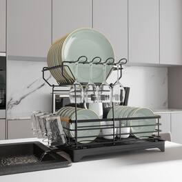 Malletson - 2-Tier Dish Rack Bamboo-Handled Large Capacity Dish Drainer Organizer with Utensil Holder - Black