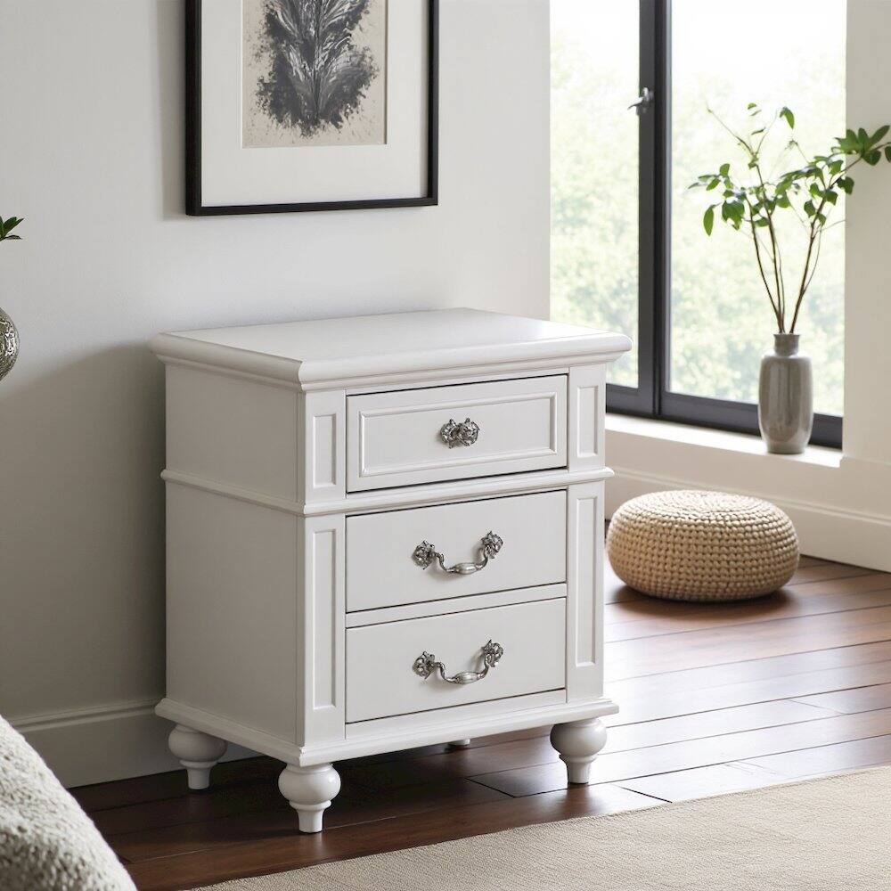 Alt View 4. FurniFact - Elegant White Nightstand with Three Drawers for Bedroom Storage - White.