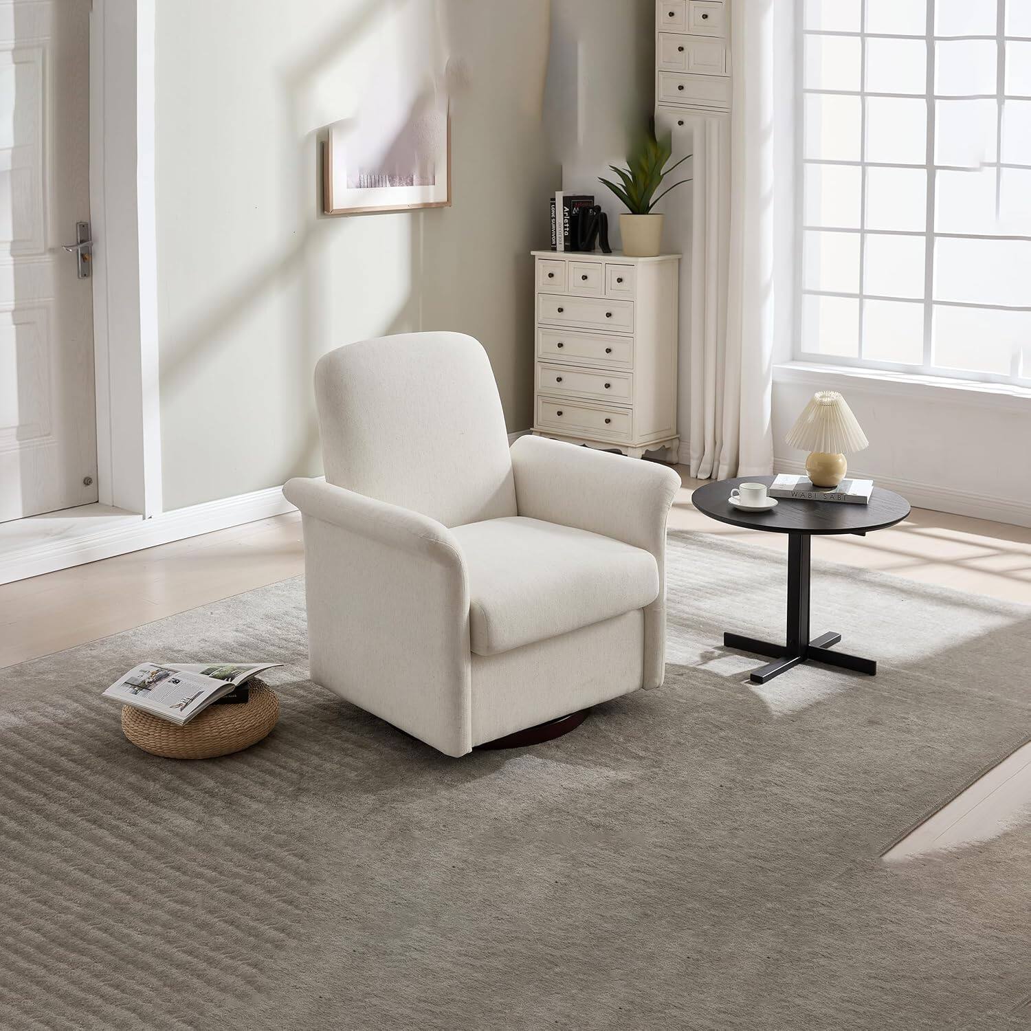 Alt View 5. Trinkets Crazed - Swivel Accent Chair Modern Barrel Armchair with Wood Base for Bedroom - cream.