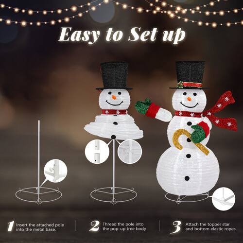 Easy to Set up

1. Insert the attached pole into the metal base.
2. Thread the pole into the pop-up tree body.
3. Attach the topper star and bottom elastic ropes.