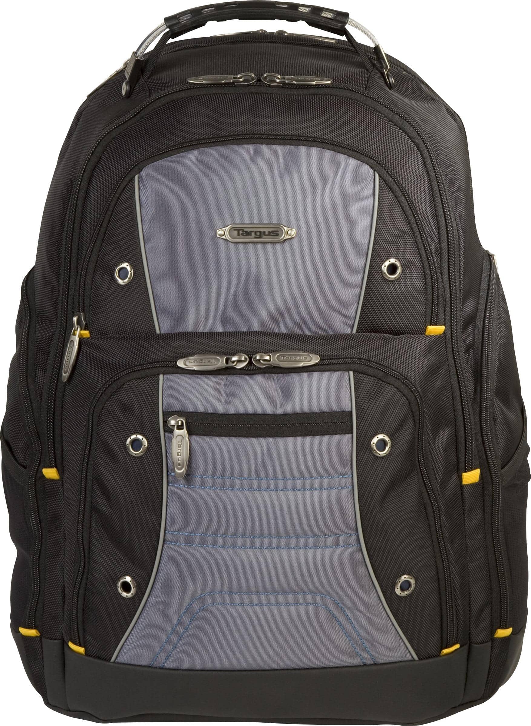 Front. Targus - Drifter II Laptop Backpack - Gray with yellow trim.