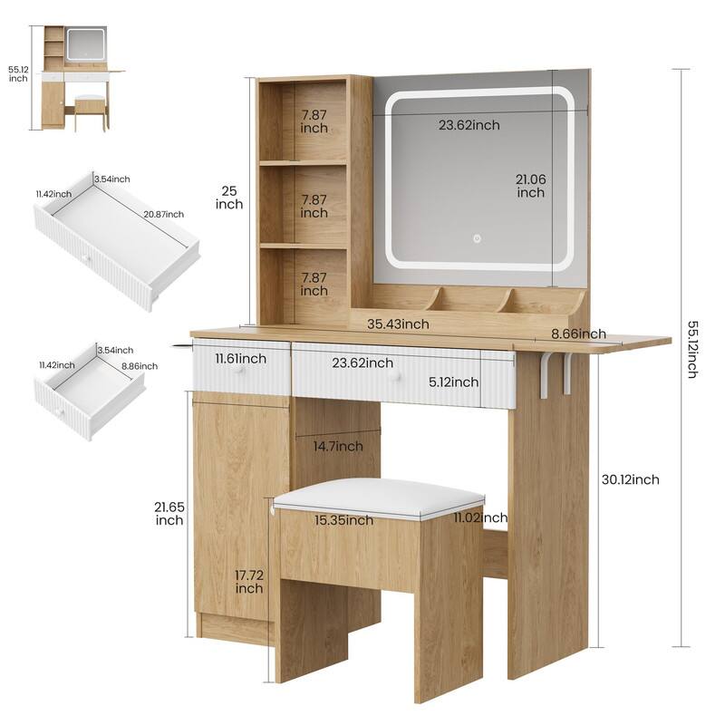 Sure, here is the corrected and grouped text from the image:

- **Desk Dimensions:**
  - Width: 55.12 inches
  - Depth: 21.65 inches
  - Height: 30.12 inches

- **Shelf Dimensions:**
  - Width: 25 inches
  - Depth: 8.86 inches
  - Height: 35.43 inches

- **Drawer Dimensions:**
  - Width: 21.06 inches
  - Depth: 11.6 inches
  - Height: 3.54 inches

- **Monitor Stand Dimensions:**
  - Width: 23.62 inches
  - Depth: 5.12 inches
  - Height: 20.87 inches

- **Keyboard Tray Dimensions:**
  - Width: 23.62 inches
  - Depth: 11.42 inches
  - Height: 3.54 inches

- **Mouse Pad Dimensions:**
  - Width: 11.42 inches
  - Depth: 3.54 inches

- **Additional Dimensions:**
  -