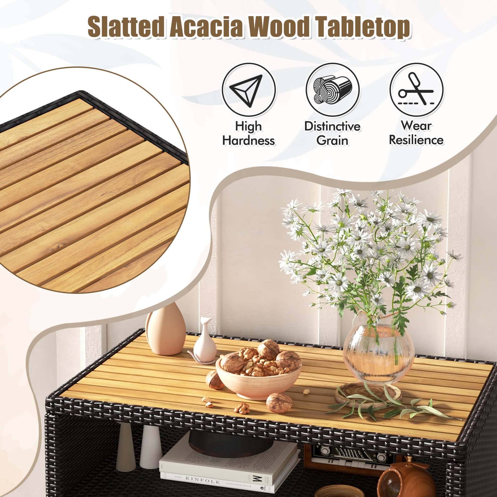 Slatted Acacia Wood Tabletop of High Distinctive Wear Hardness Grain Resilience.