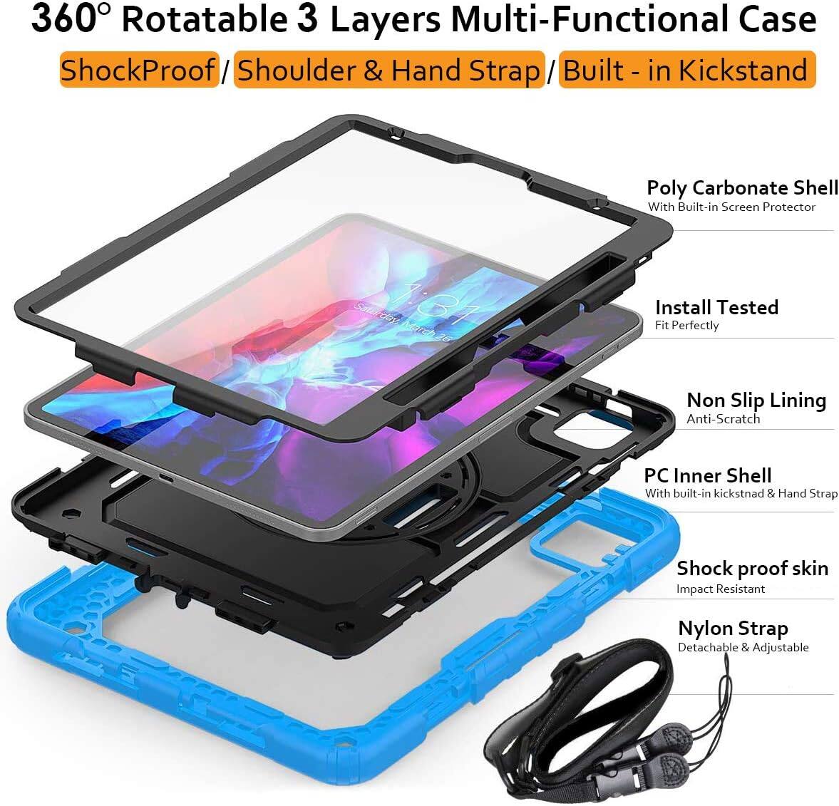 360° Rotatable 3 Layers Multi-Functional Case  
ShockProof / Shoulder & Hand Strap / Built - in Kickstand  

Poly Carbonate Shell With Built-in Screen Protector  
Install Tested Fit Perfectly  
Non Slip Lining Anti-Scratch  
PC Inner Shell With built-in kickstand & Hand Strap  
Shock proof skin Impact Resistant  
Nylon Strap Detachable & Adjustable