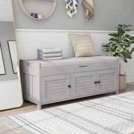 Ropilly - Storage Bench with Shutter Doors Removable Cushion and Hidden Storage Entryway Shoe Bench - Gray Wash