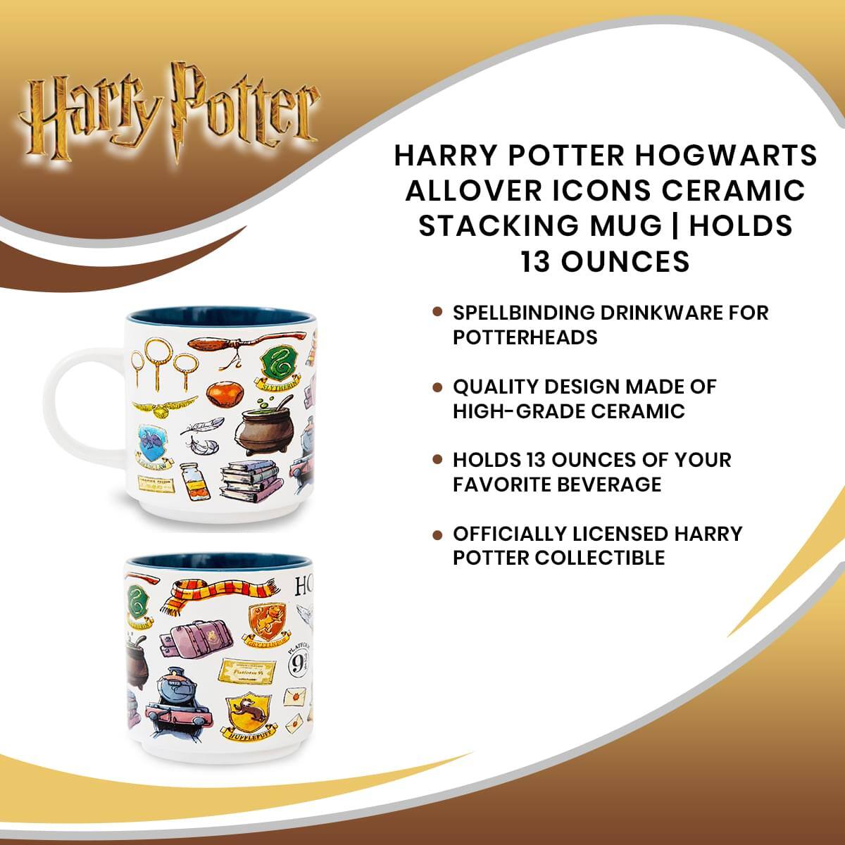 Harry Potter

HARRY POTTER HOGWARTS ALLOVER ICONS CERAMIC STACKING MUG | HOLDS 13 OUNCES

- SPELLBINDING DRINKWARE FOR POTTERHEADS
- QUALITY DESIGN MADE OF HIGH-GRADE CERAMIC
- HOLDS 13 OUNCES OF YOUR FAVORITE BEVERAGE
- OFFICIALLY LICENSED HARRY POTTER COLLECTIBLE