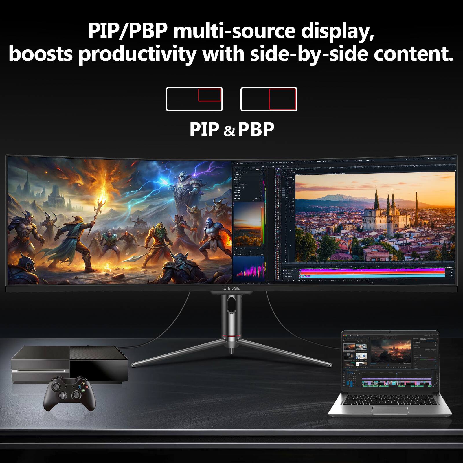 PIP/PBP multi-source display, boosts productivity with side-by-side content. PIP & PBP | Z-EDGE