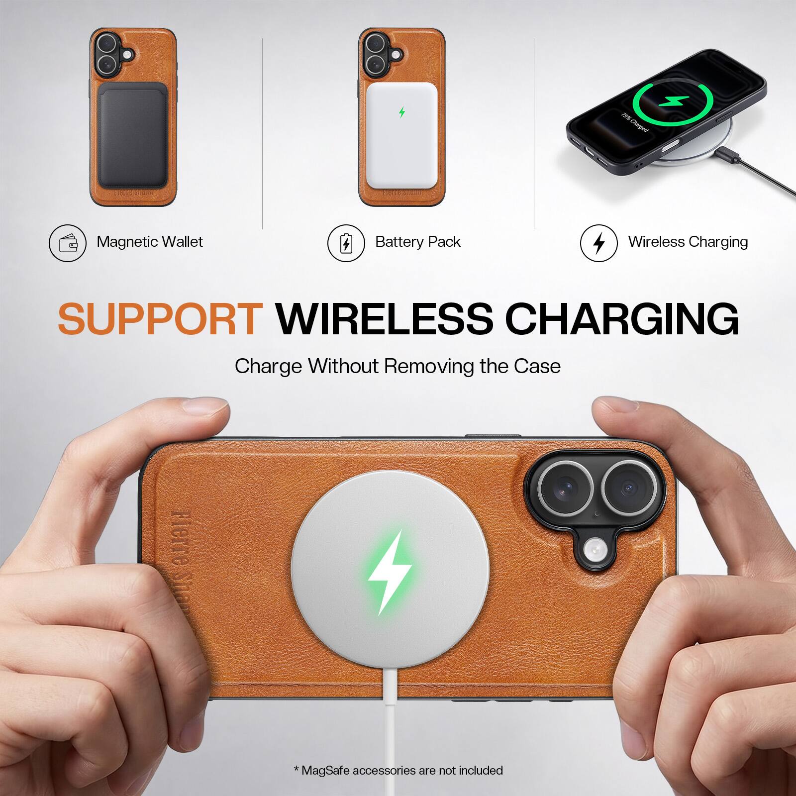 NSI Charged  
10.02.013  
Magnetic Wallet  
Battery Pack  
Wireless Charging  
SUPPORT WIRELESS CHARGING  
Charge Without Removing the Case  
Fierre Shan  
*MagSafe accessories are not included