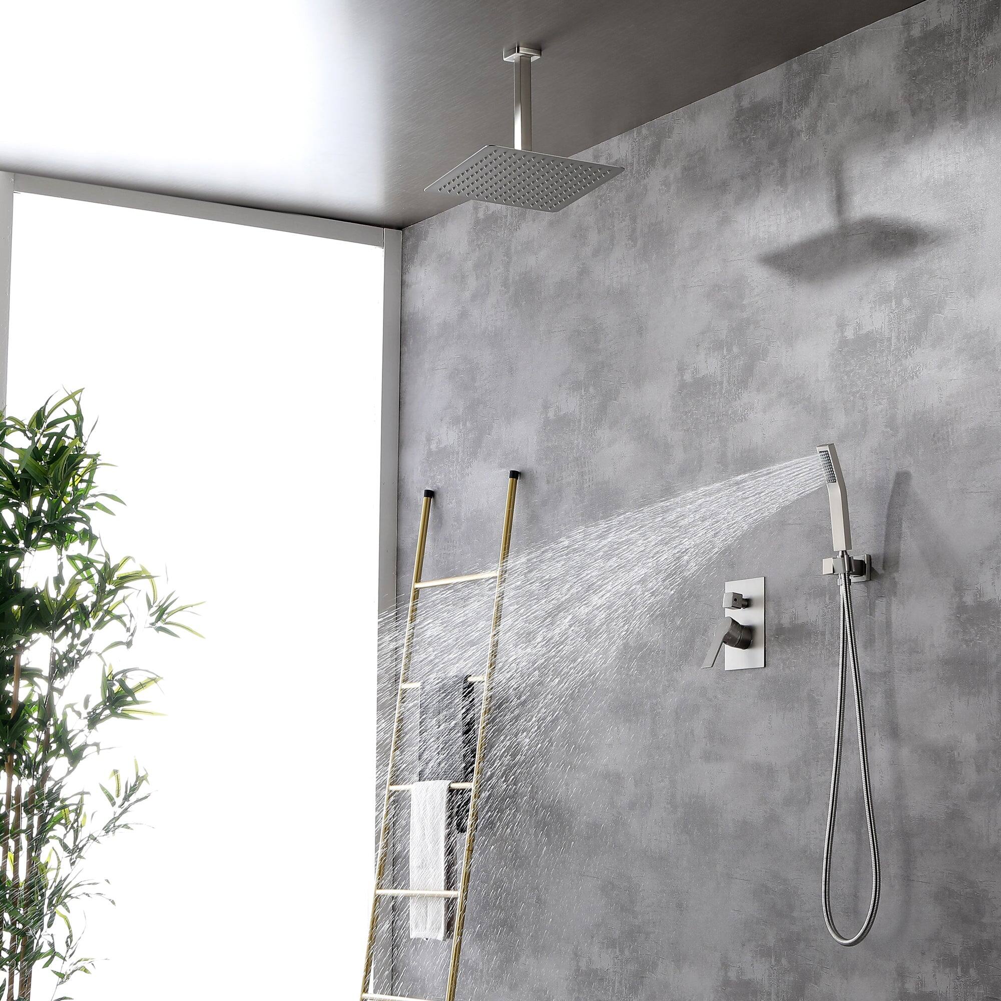 Back. Boyel Living - 1-Spray Patterns with 2.5 GPM 12 in. Ceiling Mount Dual Shower Heads with Pressure Balance Valve in Brushed Nickel - Brushed Nickel.