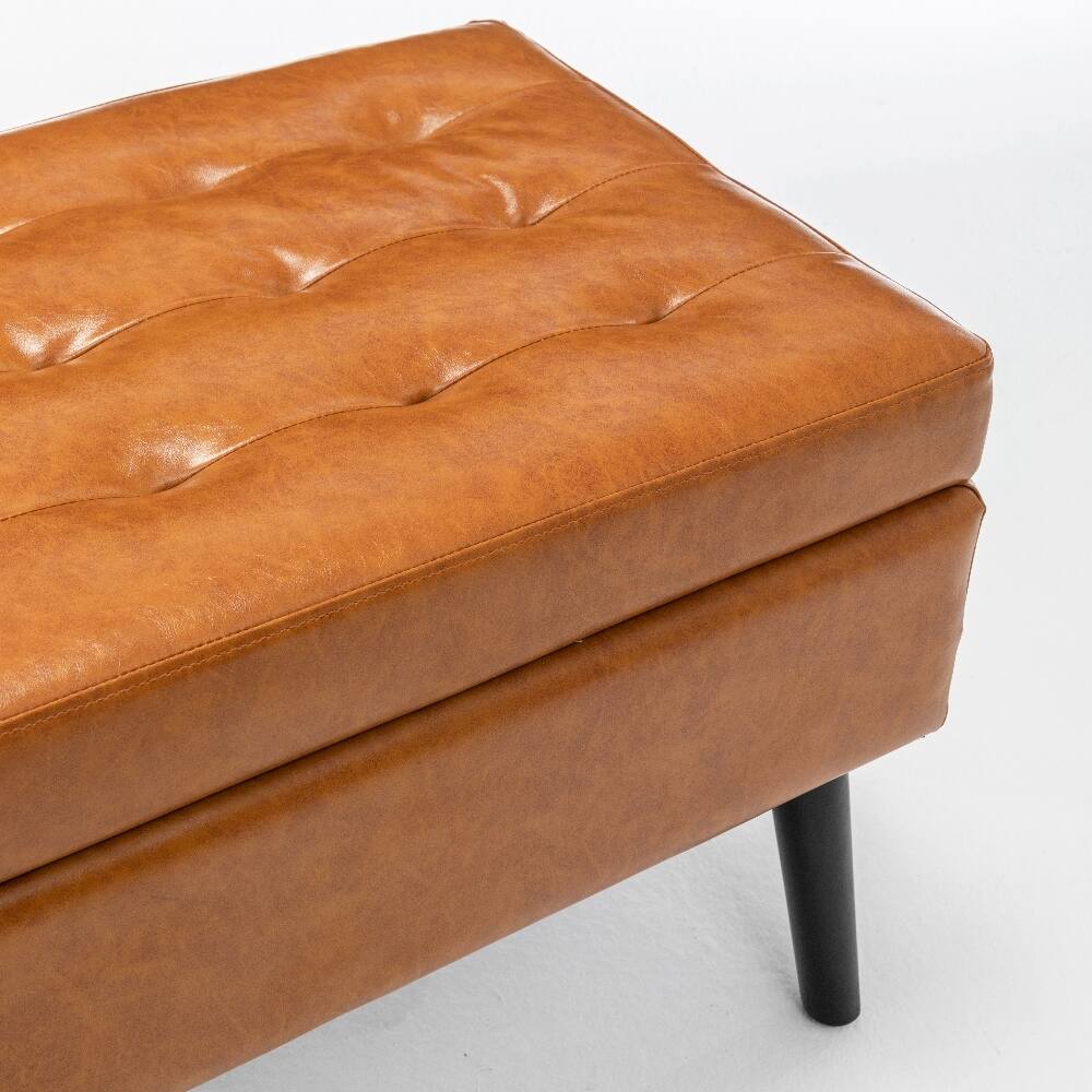 Angle. Ropilly - Ropilly 43.3 Inch Brown Leather Storage Bench End of Bed Ottoman Entryway Bench with Wood Legs - Brown.