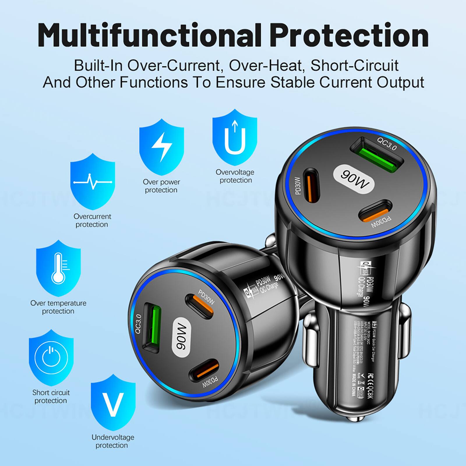 Multifunctional Protection Built-In Over-Current, Over-Heat, Short-Circuit And Other Functions To Ensure Stable Current Output

- Over power protection
- Overvoltage protection
- Overcurrent protection
- Over temperature protection
- Short circuit protection
- Undervoltage protection

PD30W QC3.0 90W

MADE IN CHINA

B1g FCCEQCBK