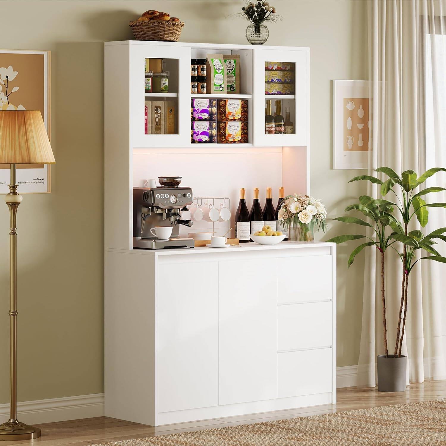 Angle. Homhougo - White Freestanding Pantry Cabinet, 4 Doors & 3 Drawers, Built-In Power Outlet - White.
