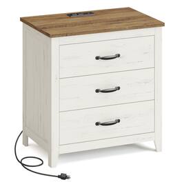Songmics Home - LIRY Collection - Farmhouse Nightstand with Charging Station, Bedside Table, Side End Table with 3 Drawers, for Bedroom - Rustic White and Honey Brown