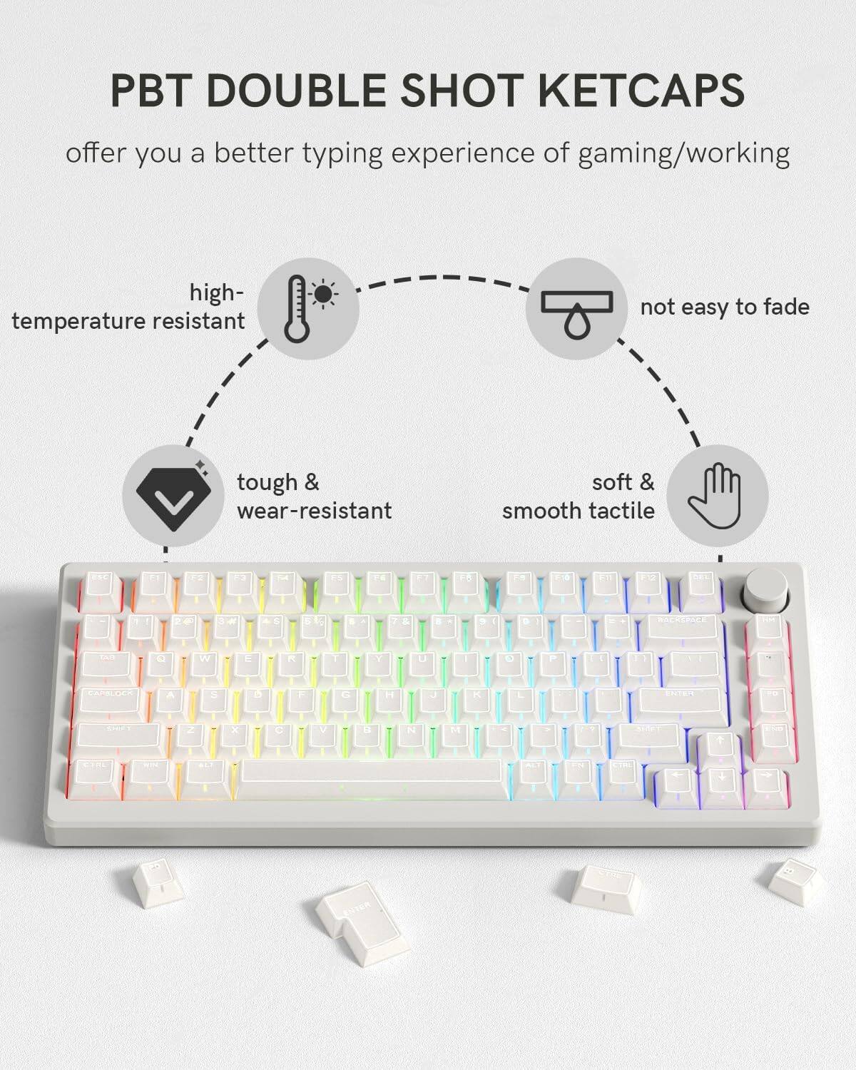 PBT DOUBLE SHOT KETCAPS  
offer you a better typing experience of gaming/working  

- high-temperature resistant  
- tough & wear-resistant  
- not easy to fade  
- soft & smooth tactile