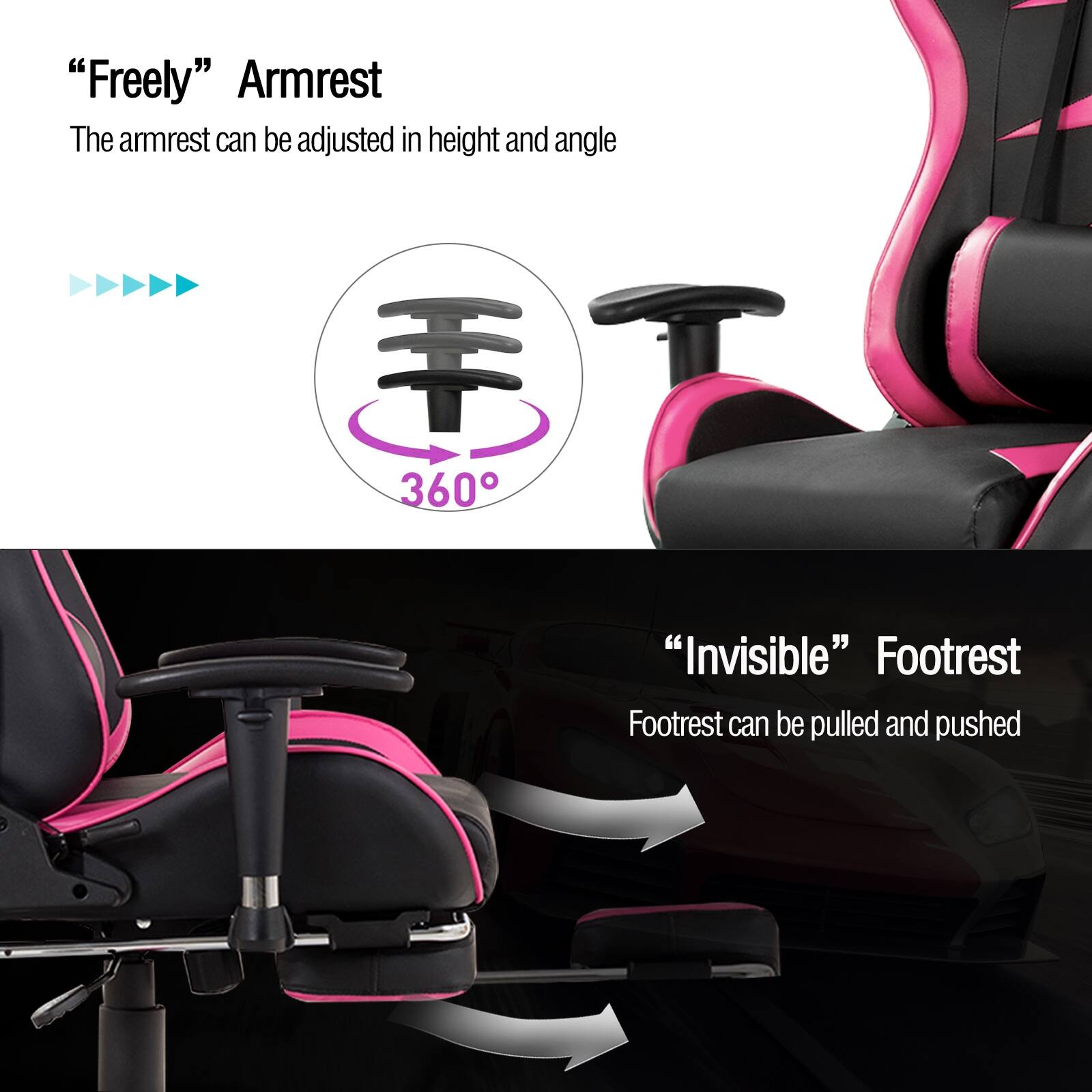 "Freely" Armrest  
The armrest can be adjusted in height and angle  
360°

"Invisible" Footrest  
Footrest can be pulled and pushed