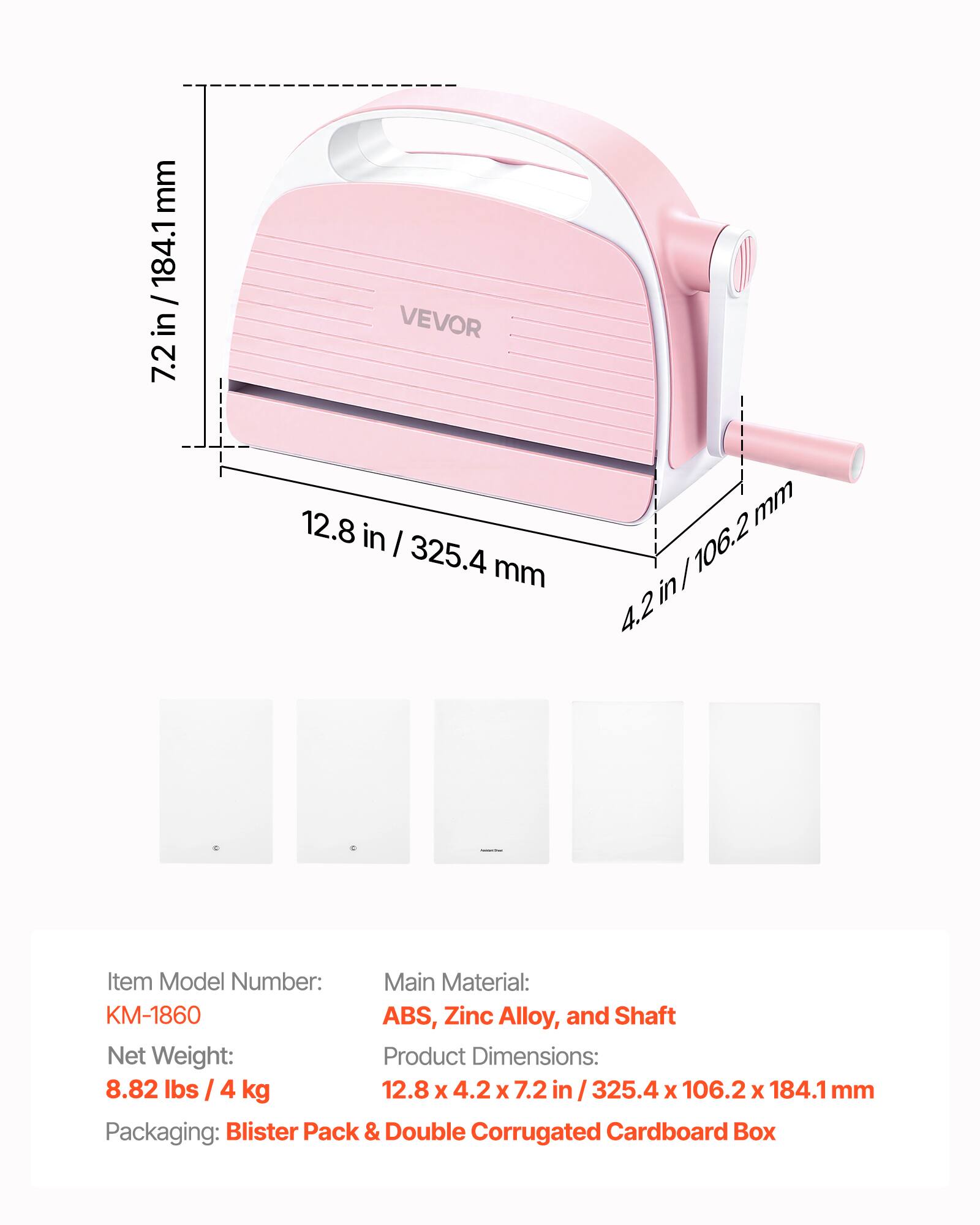 mm 184.1 / in 7.2 VEVOR 12.8 in I 325.4 mm mm I 106.2 in/ in 4.2 Item Model Number: Main Material: KM-1860 ABS, Zinc Alloy, and Shaft Net Weight: Product Dimensions: 8.82 lbs s/4 I 4 kg 12.8 X 4.2 X 7.2 in 325.4 x 106.2 X 184.1 mm Packaging: Blister Pack & Double Corrugated Cardboard Box