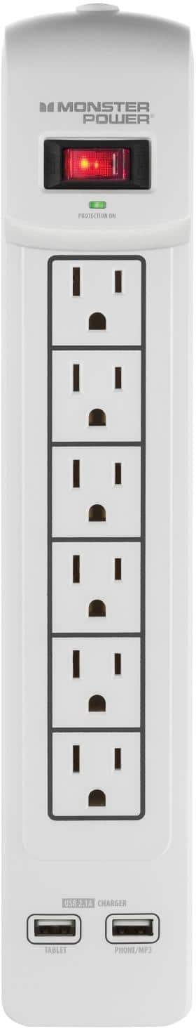 Monster - Core Power 6-Outlet/2-USB Surge Protector Strip - White - Larger Front