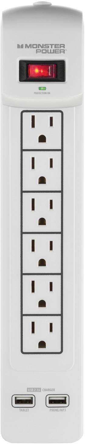Front. Monster - Core Power 6-Outlet/2-USB Surge Protector Strip - White.