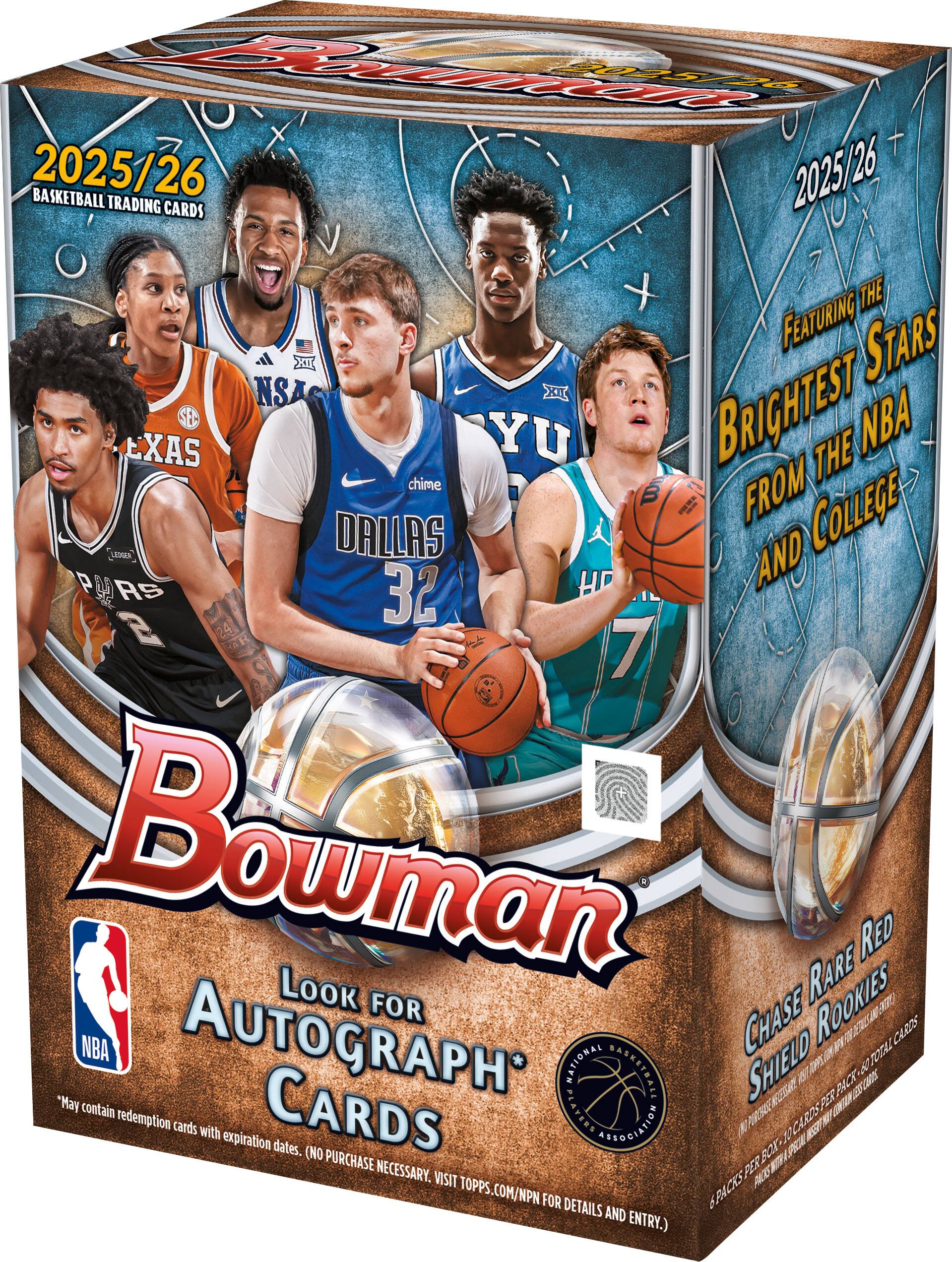 2025/26 Basketball Trading Cards  
Bowman  
Featuring the Brightest Stars from the NBA and College  
Look for Autograph Cards  
Chase Rare Red Shield Rookies  
May contain redemption cards with expiration dates. (No purchase necessary. Visit Topps.com/NPN for details and entry.)  
6 packs per box.
