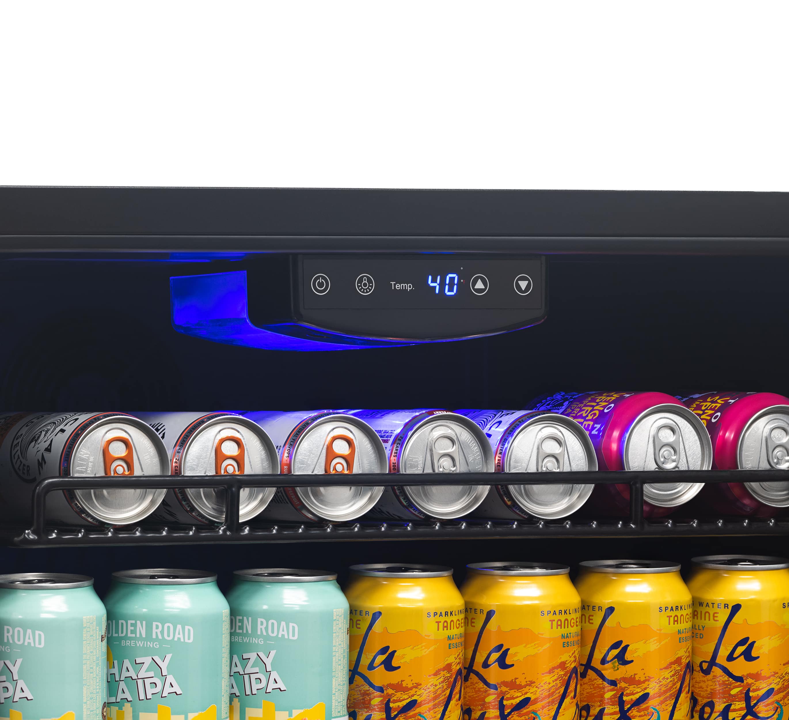 The image shows a refrigerator with a variety of drinks, including cans of soda and bottles of water. The refrigerator has a digital display that reads "40 degrees." There are at least 12 different drinks visible in the refrigerator, with some placed on the top shelf and others on the bottom shelf. The drinks come in various shapes and sizes, and they are all neatly arranged inside the refrigerator.