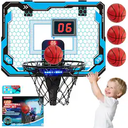 Joyfy - Mini Indoor Basketball Hoop for Kids Age 3+, Light Up Door Room Basketball Hoops with Scoreboard & 4 Balls - Multicolor