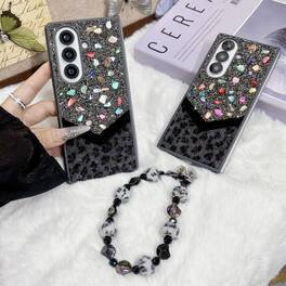 Dteck - Shockproof Phone Case for Samsung Galaxy Z Fold7 with Beaded Wrist Strap, Glitter Rhinestone Hard PC Protective Cover - Black