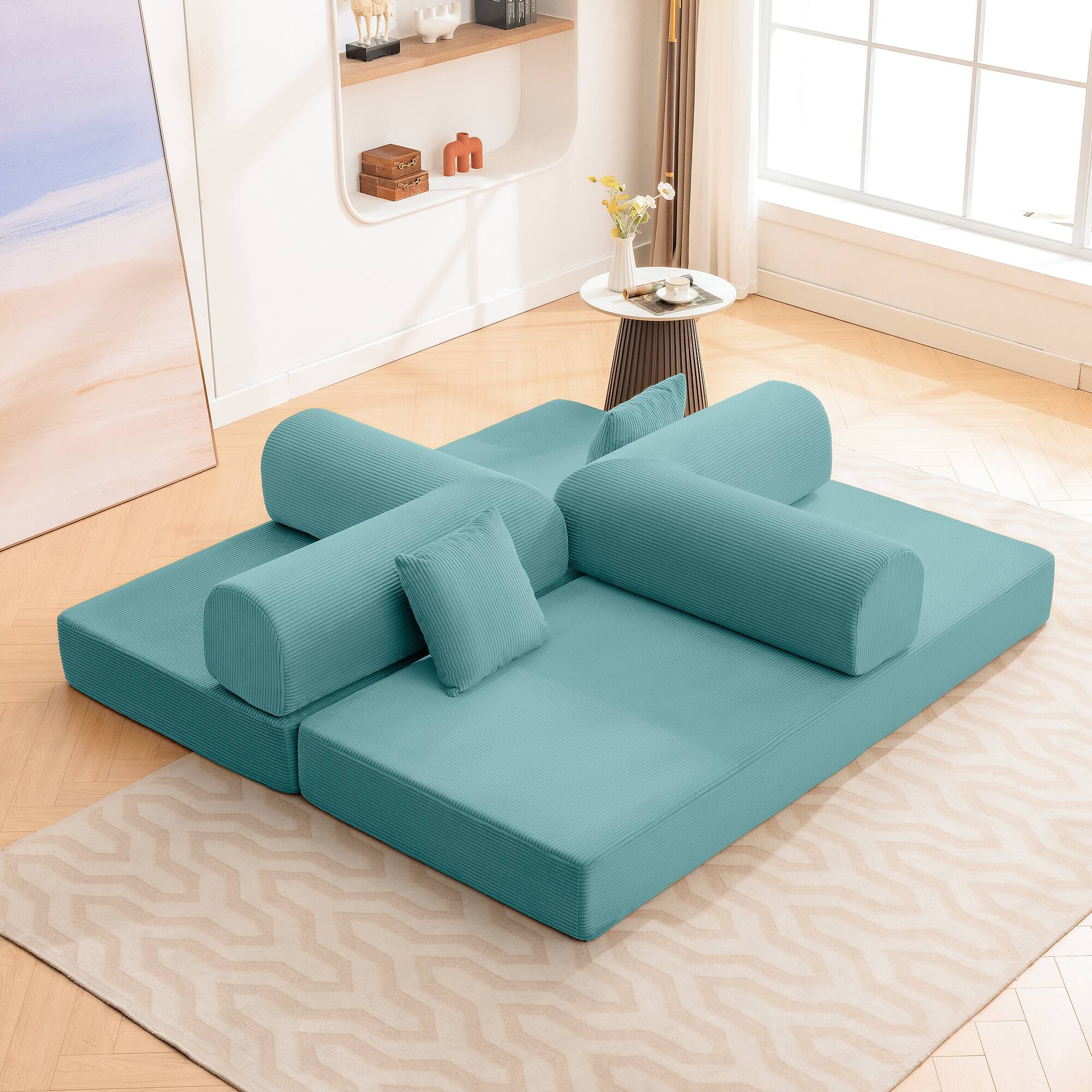 Left. Brick Attic - 4-in-1 Folding Convertible Floor Sofa Bed, 78 Inch Oversized Modern Fabric Boneless Couch for Living Room Bedroom Lounge - Sea FOAM.